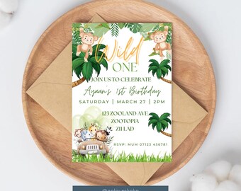Wild One Jungle Safari Birthday Invitation - Editable 1st Birthday Party Invite - Custom Digital Download - Boy or Girl Theme - Instant Pers