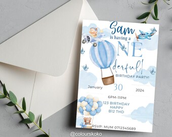 Customizable 'Onederful' First Birthday Invitation | Editable Digital Download | Boy's 1st Birthday Party Invite | Hot Air Balloon Theme"
