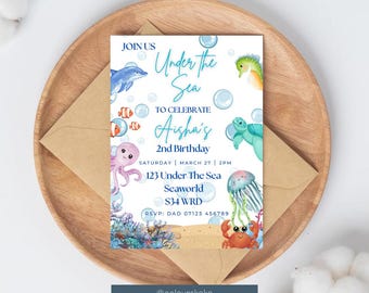 Under the Sea Birthday Invitation | Editable Ocean Party Invite | Boys & Girls Canva Template | Sea Animals Printable