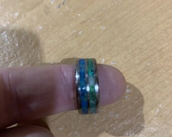 Custom Inlay Ring Made To Order, Can Be Any Colors And Can Choose Which Stones. this ring has emerald and aquamarine and moonstone