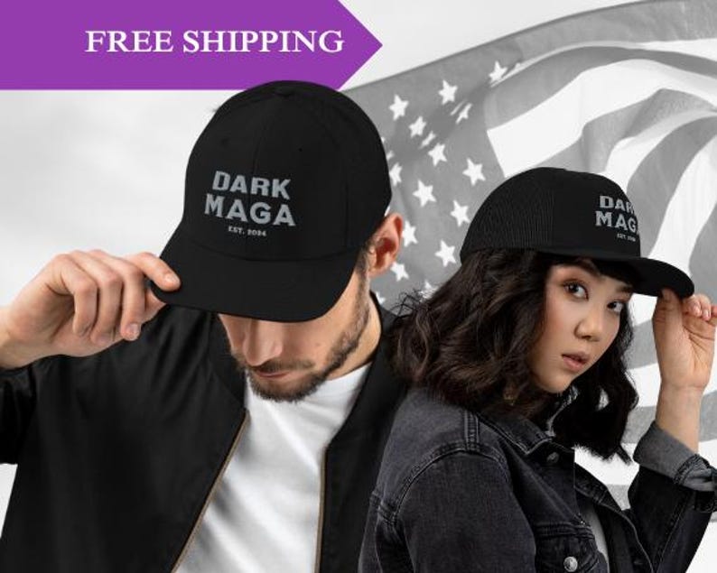 May include: Two people wearing black baseball caps with the text "DARK MAGA EST. 2024" in white. One cap is a standard baseball cap, and the other is a mesh trucker cap.