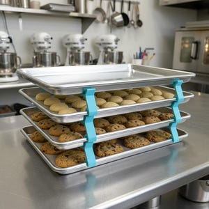 May include: A three-tiered baking rack with light blue supports, holding three trays of cookies. The top tray has golden-brown cookies, the middle tray has light-colored cookies, and the bottom tray has chocolate chip cookies.