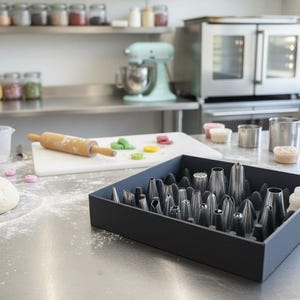 May include: A baking scene with a variety of tools and ingredients. A black tray holds numerous metal piping tips. A rolling pin and cutting board with colorful fondant are visible. A stand mixer and oven are in the background.