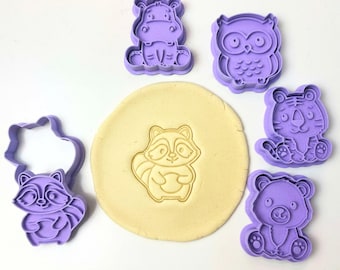 Animal Cookie Cutter Set 5pc, Owl, Hippo, Bear, Raccoon, Tiger, Woodland Safari Cookie Cutters, Baby Shower Cookie Set, Mini Cookie Cutters