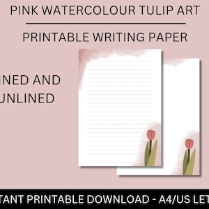 Papel para escribir con flores rosas, descarga digital, tamaño A4, carta de EE. UU., diseño de tulipán, para imprimir, con y sin forro, flores, papelería