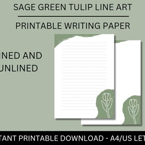 Papel para escribir con diseño floral verde salvia, descarga digital, tamaño A4, carta de EE. UU., diseño de tulipán, con y sin forro, flores, papelería