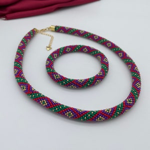 Handmade Elegant Seed Bead Crochet Necklace Bracelet Set, Geometric Beadwork Rope Choker, Gift For Women, Birthday Gift, Handmade Gift