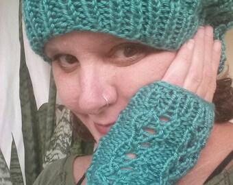 Knitting pattern easy eyelet rib hat and wristers set. PDF download knitting instructions only.