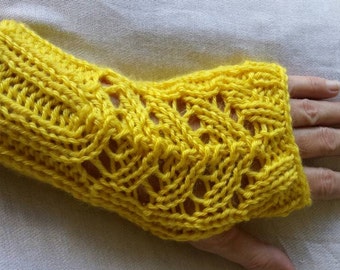 Knitting pattern lace panel wristers. PDF download knitting instructions only.