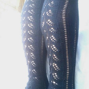 Knitting pattern over the knee stockings with leaf lace panel. PDF pattern download. Instructions only, not finished product.