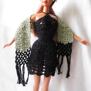 Fashion doll crochet pattern- shell dress and fringed wrap. PDF download with crochet instructions only.