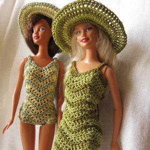 Barbie Doll crochet pattern Chevron dress and swimsuit with wide brimmed hat. PDF download with crochet instructions only. image 1