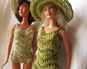 Barbie Doll crochet pattern- Chevron dress and swimsuit with wide brimmed hat. PDF download with crochet instructions only.