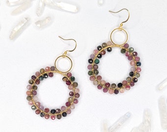 Tourmaline Double Hoop Drop Earrings - Glittering Wire Wrap Circle Earrings - Rainbow Pink Green Muliti-Color