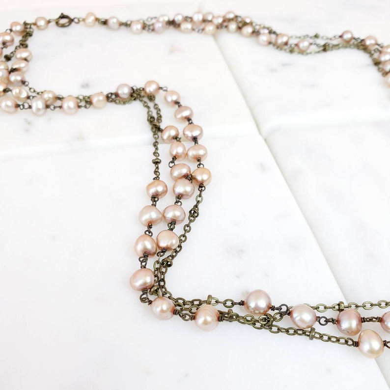 Champagne Freshwater Pearl And Antiqued Brass Chain Multi Strand Statement Necklace
