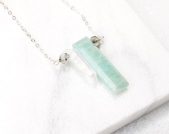 Pastel Geometry Modern Bar Necklace - Amazonite, Quartz, Swarovski Crystal and Sterling Silver