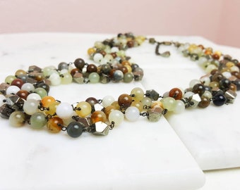 Jade And Pyrite Stone Multi Strand Statement Necklace