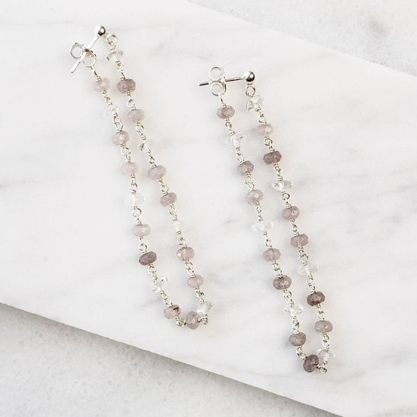 Quartz And Dove Gray Jade Chain Loop Earrings