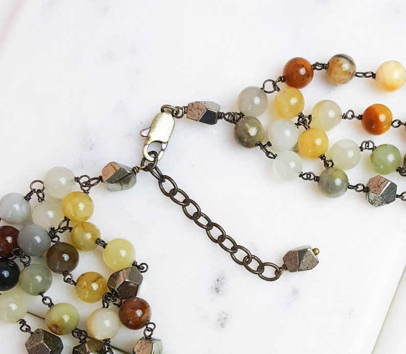 Jade And Pyrite Stone Multi Strand Statement Necklace