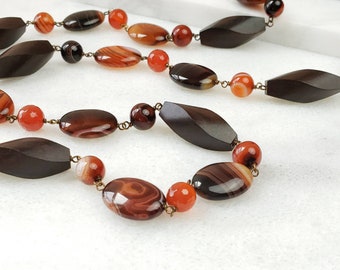 Carnelian, Sardonyx and Wood Bead on Antiqued Brass Necklace