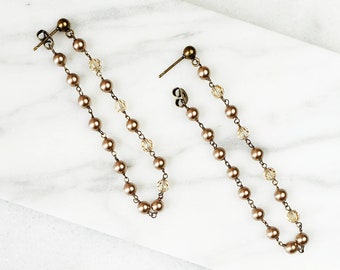 Golden and Bronze Swarovski Crystals and Pearls Chain Loop Earrings