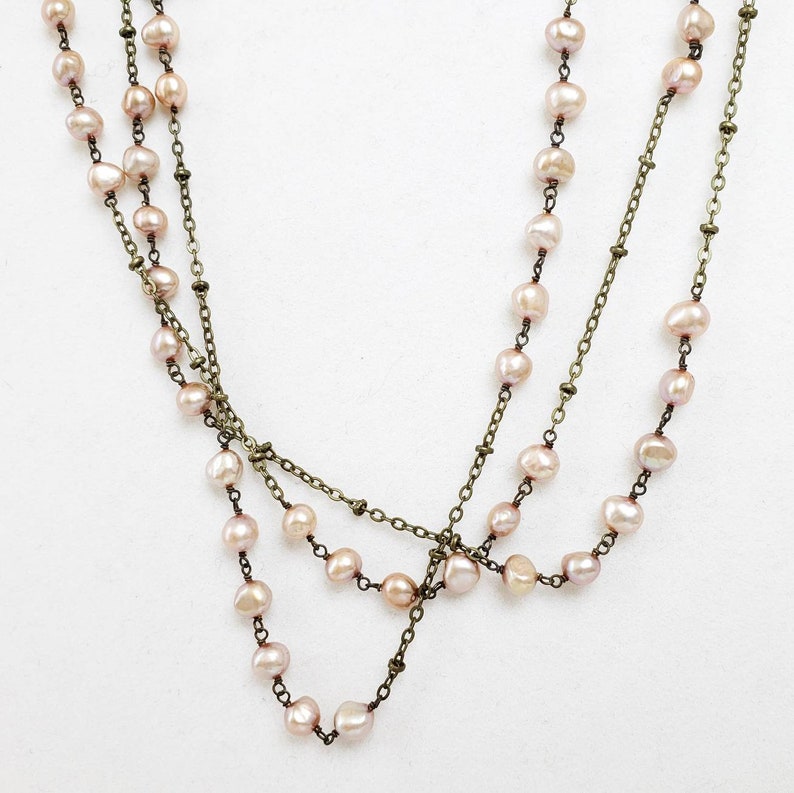 Champagne Freshwater Pearl And Antiqued Brass Chain Multi Strand Statement Necklace