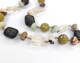 Olivine Jade, Lava Stone, Amazonite and Quartz Beads on Antiqued Brass Necklace -Earthy, Boho Wire Wrap Necklace