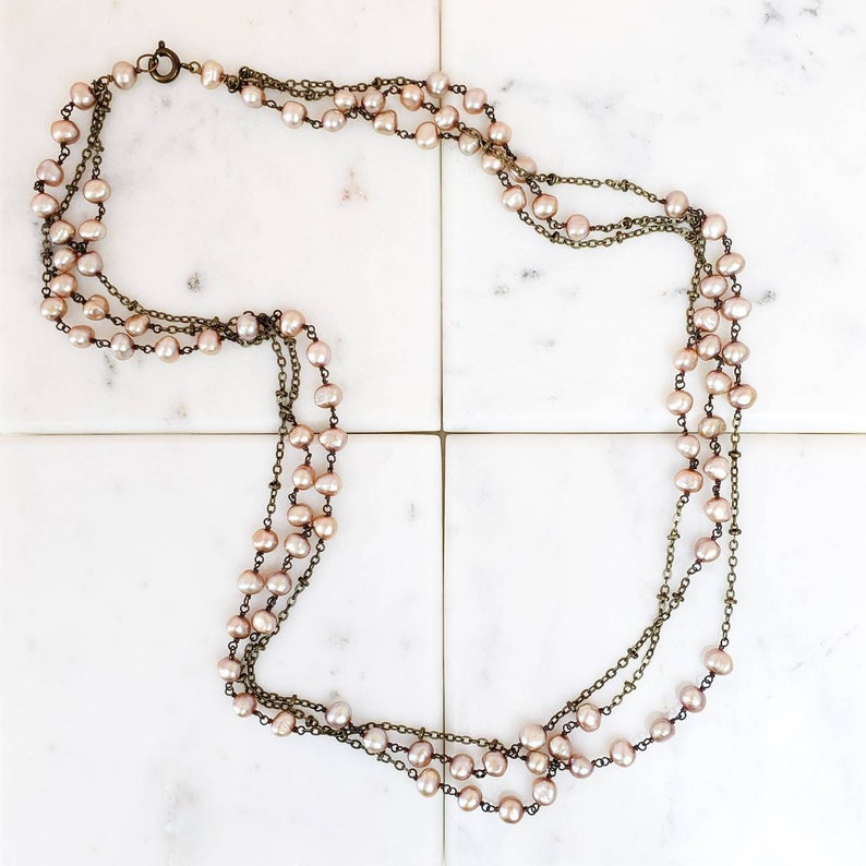 Champagne Freshwater Pearl And Antiqued Brass Chain Multi Strand Statement Necklace