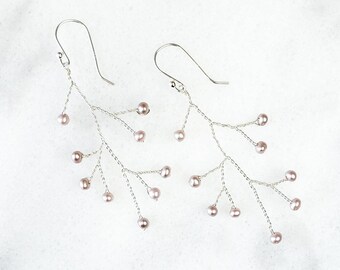 Rose Pink Blooming Branches Freshwater Pearl And Sterling Silver Earrings