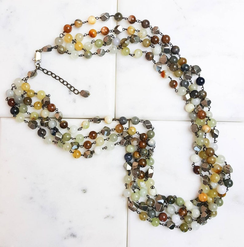 Jade And Pyrite Stone Multi Strand Statement Necklace