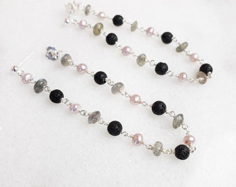 Lilac Pink Pearl, Labradorite And Lava Stone Chain Loop Earrings