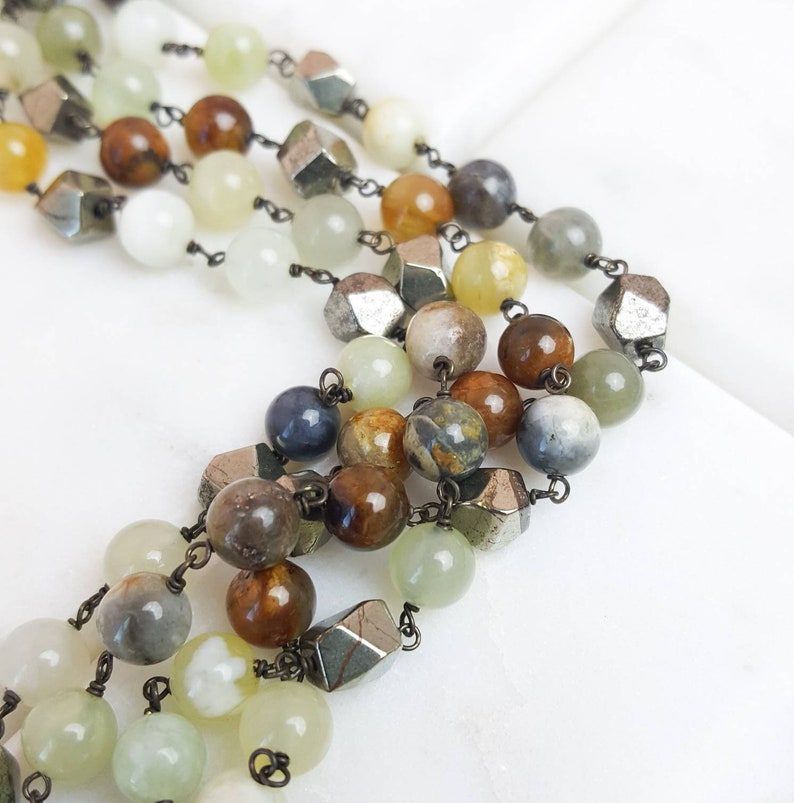Jade And Pyrite Stone Multi Strand Statement Necklace
