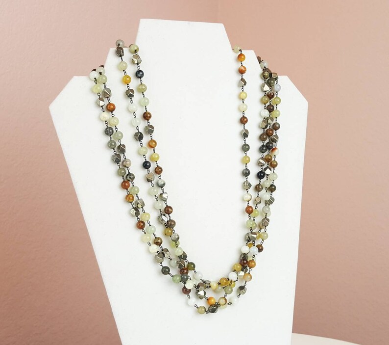 Jade And Pyrite Stone Multi Strand Statement Necklace