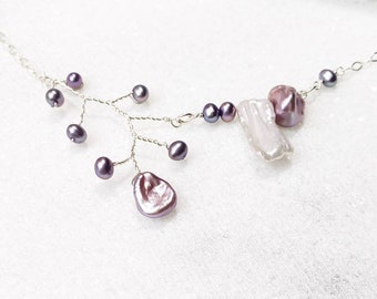 Lilac Purple Blooming Branch and Chain Asymmetrical Necklace - Freshwater Pearl And Sterling Silver