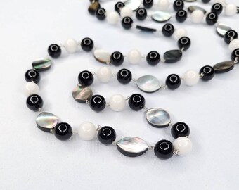 Bold Black, White And Gray Stone And Shell Bead Necklace -Onyx, Snow Jade, Black Mother Of Pearl -Chunky Sterling Silver Wire Wrap Jewelry