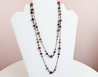 Red Sardonyx Agate And Antiqued Brass Filigree Bead And Chain Necklace