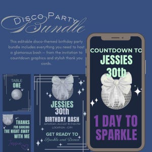 Lot imprimable fête d'anniversaire disco | Modèles de toile modifiables | Faire-part, numéro de table, carte de remerciement + compte à rebours | Thème glam rétro