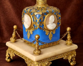 Antique Blue Opaline Palais Royal Perfume Bottle and Stand. 19th Century.