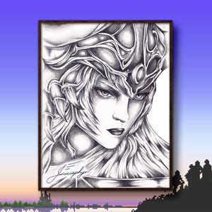 May include: A black and white pencil drawing of a woman with long hair wearing a crown with intricate details. The woman has a serious expression on her face and her eyes are looking directly at the viewer. The drawing is signed "Josephyn" in the bottom left corner.