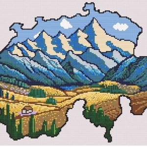 May include: A cross-stitch pattern depicting a mountainous landscape in the shape of Switzerland. The mountains are blue and white, with a small house in the foreground. The sky is blue with white clouds.