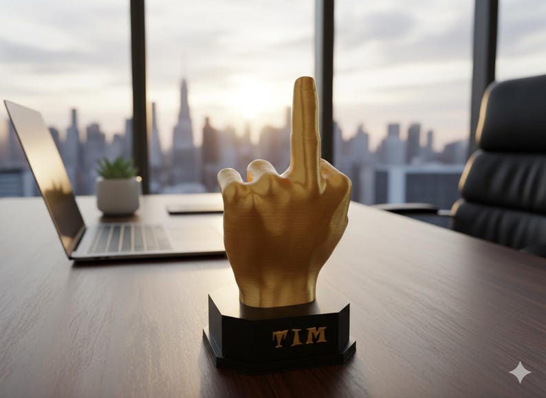 Pu&ograve; includere: Una scultura a forma di mano color oro con il dito medio alzato, montata su una base nera. La base ha il nome "TIM" in lettere dorate. La scultura &egrave; su una scrivania di legno con un laptop e una piccola pianta sullo sfondo.