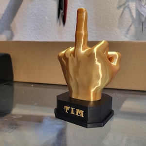 Pu&ograve; includere: Una scultura a forma di mano color oro con il dito medio rivolto verso l'alto. La scultura &egrave; montata su una base esagonale nera con il nome "TIM" in lettere dorate. La scultura &egrave; probabilmente stampata in 3D.