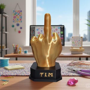 Pu&ograve; includere: Una scultura a forma di mano color oro che mostra il dito medio, montata su una base nera con il nome "TIM" in lettere dorate. La scultura &egrave; su una scrivania con materiali per l'artigianato e un computer sullo sfondo.