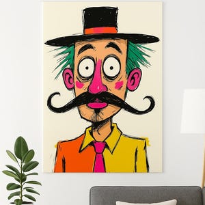 4 Lustige Wandkunst • skurriler bunter Mann mit Schnurrbart • Cartoon-Kunstdruck • Pop Art Poster Illustration
