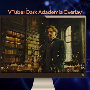Könnte beinhalten: Ein Computermonitor zeigt ein Bild im Dark-Academia-Stil, das einen Mann in einem dunklen Anzug in einer Bibliothek zeigt. Auf dem Bildschirm steht der Text "VTuber Dark Academia Overlay". Der Hintergrund ist dunkelblau mit astrologischen Symbolen.