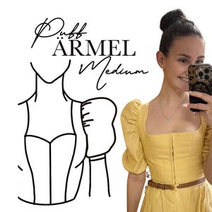 Puede incluir: Vestido amarillo con mangas abullonadas y escote cuadrado, ceñido a la cintura con un cinturón marrón. La imagen incluye un dibujo lineal de un vestido y el texto "Puff ÄRMEL Medium".