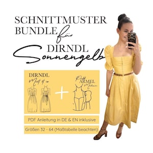 Könnte beinhalten: Ein sonnengelbes Dirndl mit Puffärmeln, eckigem Ausschnitt und einem schmalen braunen Gürtel. Das Bild enthält den Text: SCHNITTMUSTER BUNDLE für DIRNDL Sonnengelb, DIRNDL Mint et co, Puff ÄRMEL Medium, PDF Anleitung in DE & EN inklusive, Größen 32 - 64.