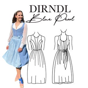 May include: A blue dirndl with a white blouse and a white bow. The dirndl has a white apron and a white trim. The text "DIRNDL Blue Pearl" is written in black at the top of the image.