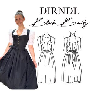 May include: A woman in a black dirndl dress, white blouse, and black bodice. The dress features a full skirt and a waist bow. The image includes the text "DIRNDL Black Beauty" above the dress.