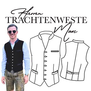Könnte beinhalten: Eine schwarze Weste mit Stehkragen, fünf Knöpfen und zwei unteren Taschen, dargestellt neben einer Strichzeichnung der Vorder- und Rückseite der Weste. Der Text "Herren TRACHTENWESTE Marc" steht in schwarzer Schreibschrift über den Illustrationen.